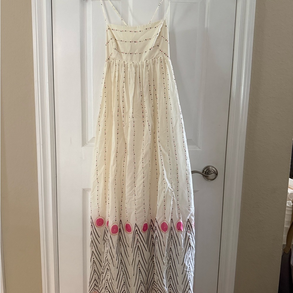 White Maxi Dress with Pink and Black Accents